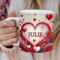 Faux 3D hearts mug for romantic coffee. Personalized sublimated hearts cup. Cute coffee mug with red and white hearts. 